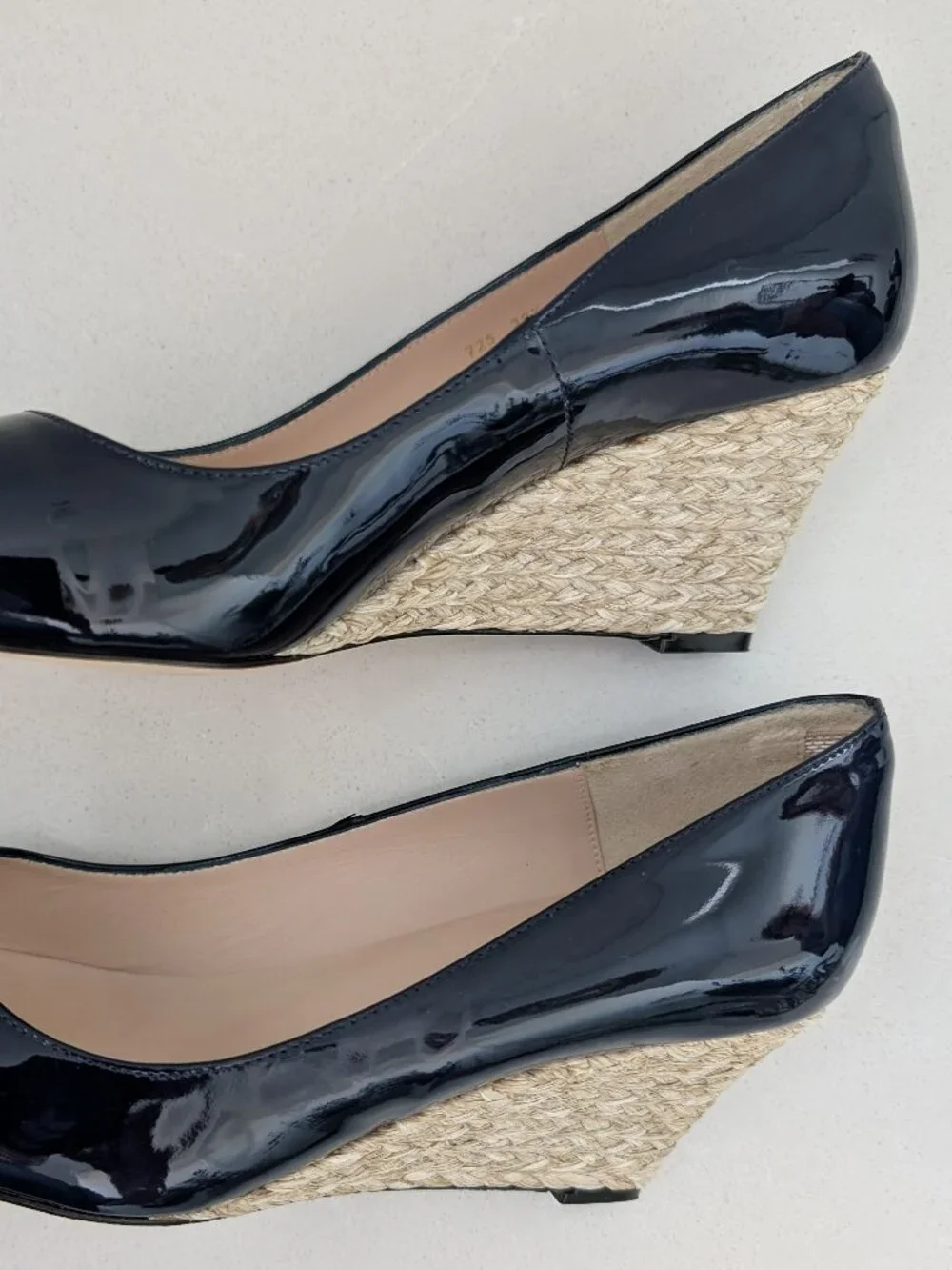 L.K. Bennett Edee Peep-Toe Patent Leather Espadrille Wedge–Navy Blue–US 9.5